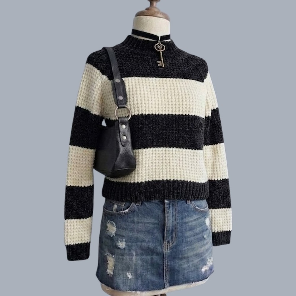 Striped Waffle Knit Mock Neck Sweater MEDIUM Winter Fall Cozy